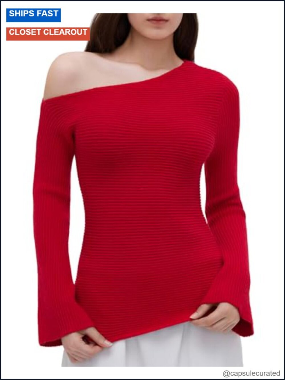 Off the Shoulder Knit Sweater Long Sleeve Bell Sleeve Pullover